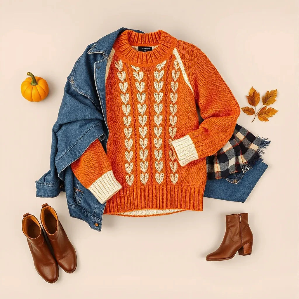 Cozy fall outfit featuring pumpkin-themed sweater, denim jacket, scarf, and ankle boots with small ceramic pumpkin