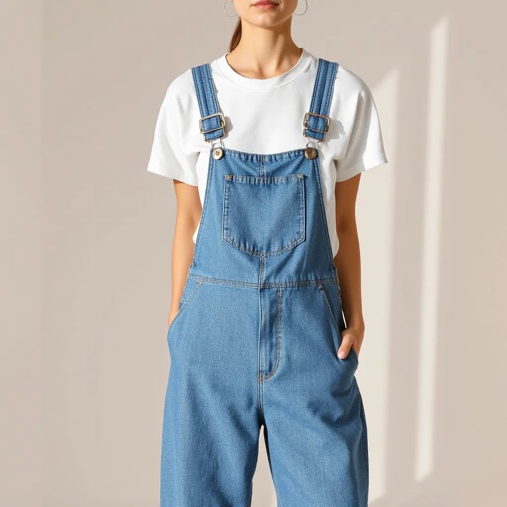 Person wearing blue denim overalls over a white T-shirt in a clean, sunlit setting