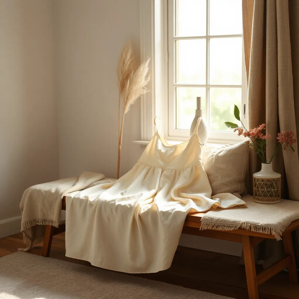 Sunlit cotton sundress draped over a neutral bench near a window, showing soft fabric texture