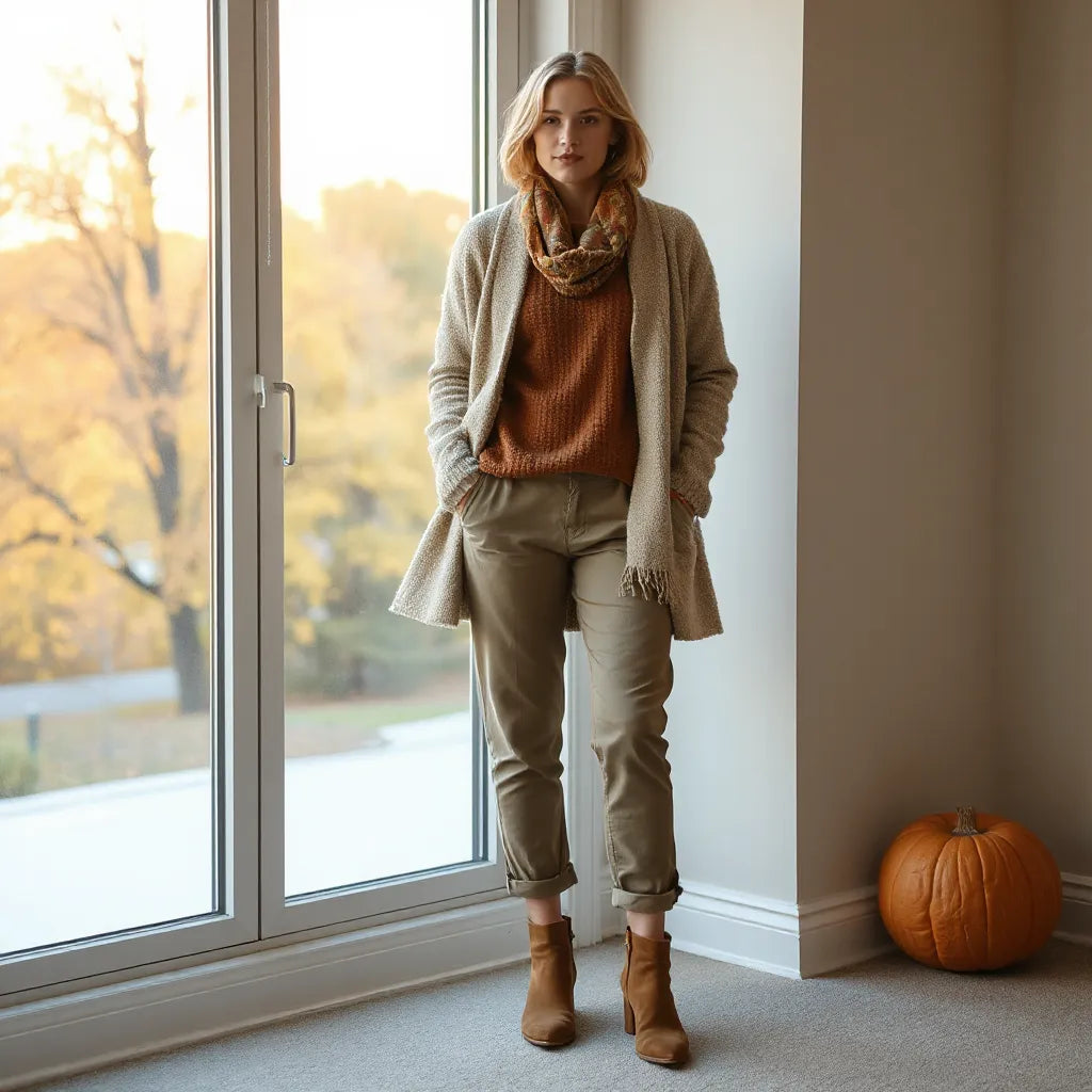 Person wearing layered knit sweater and scarf with relaxed trousers and ankle boots in autumn light