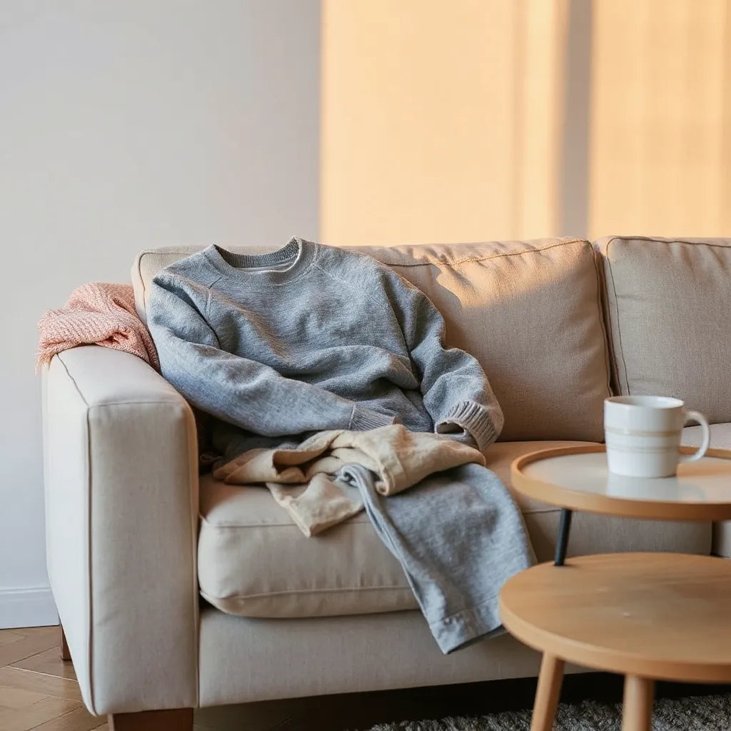 Cozy knit loungewear set on a sofa with a throw blanket and warm mug in soft light