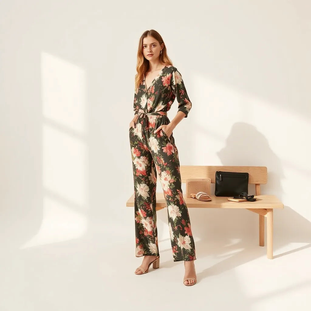Woman styled in a floral print jumpsuit with minimal accessories in a bright neutral studio setting