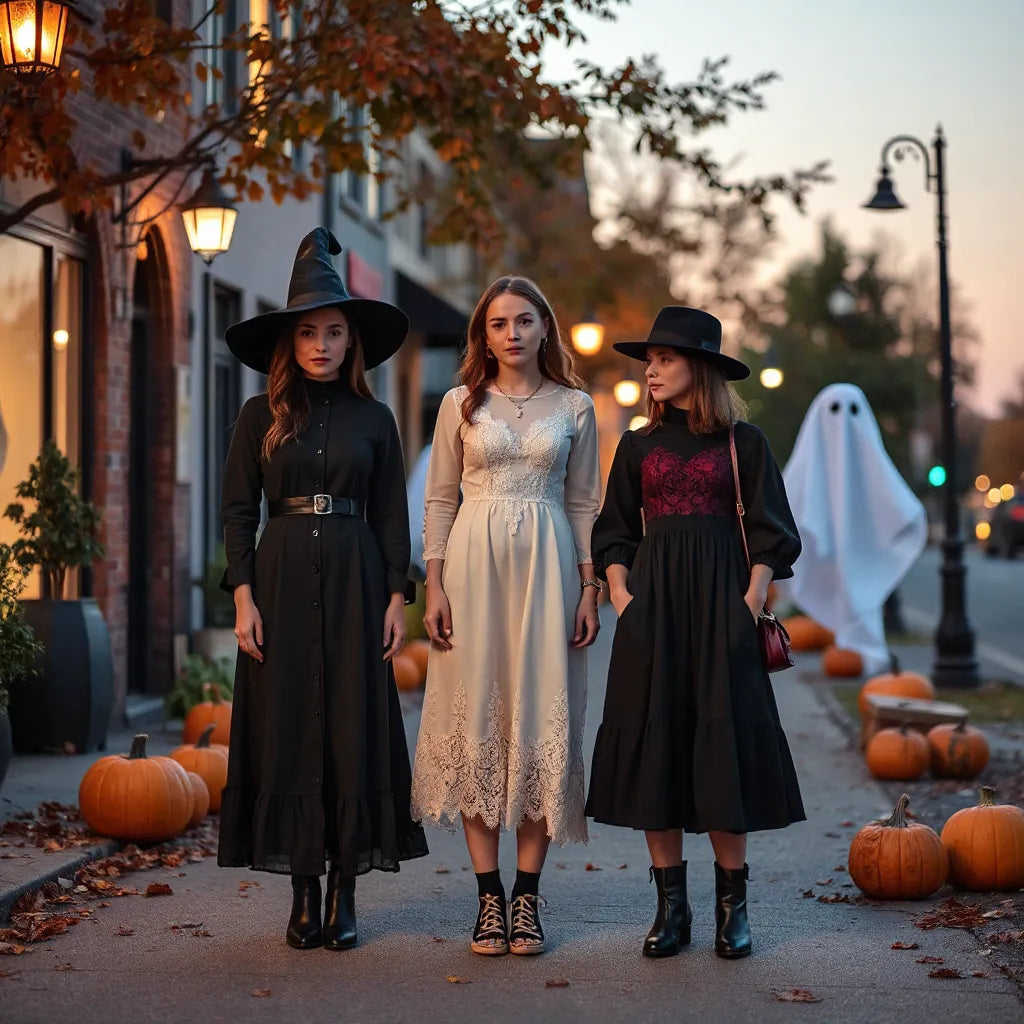 Three women wearing coordinated Halloween-themed outfits on a softly lit autumn evening street