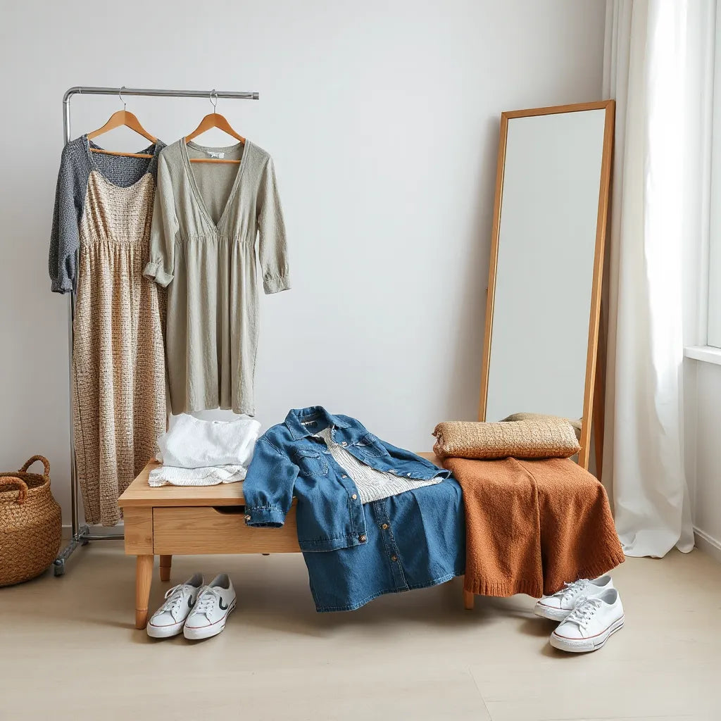 Affordable women’s clothing items neatly styled on a bench near a clothing rack in soft natural light.