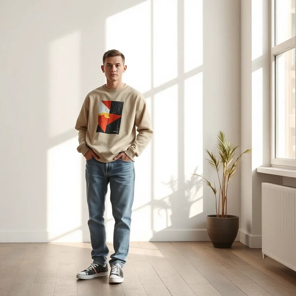 Model wearing a crewneck graphic sweatshirt with an abstract design, paired with jeans and sneakers in soft natural light.