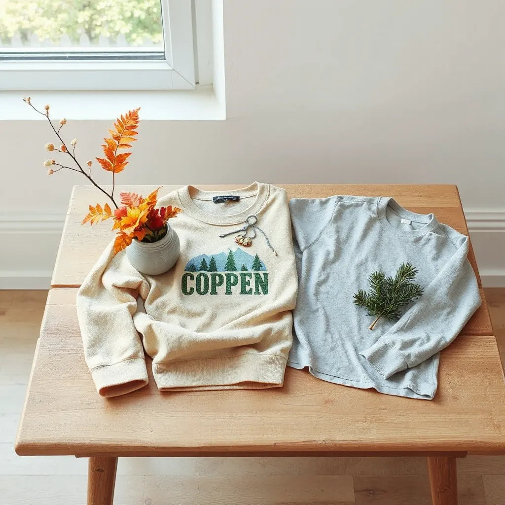 Casual outfit styled with seasonal graphic clothing elements near seasonal decor