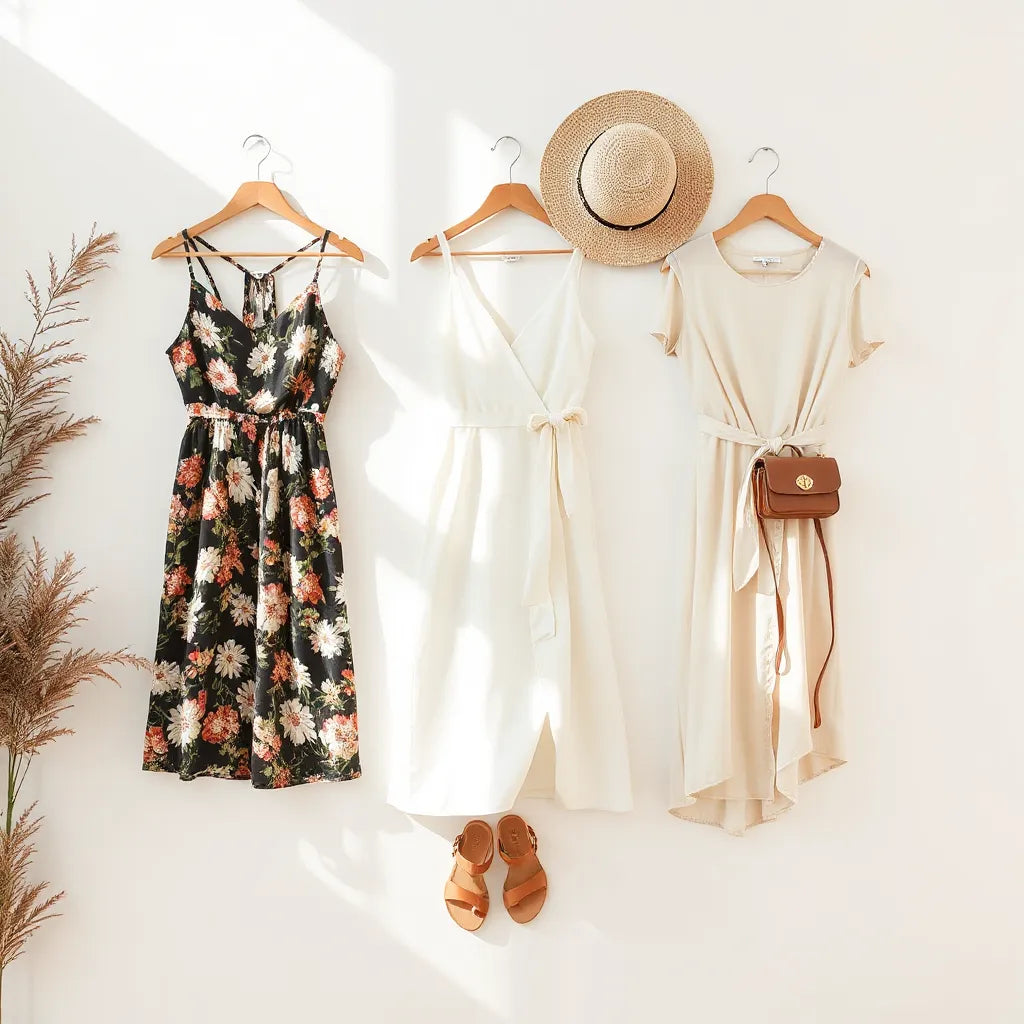 Sunlit display of three summer dresses with hat, sandals, and a small bag on a neutral background