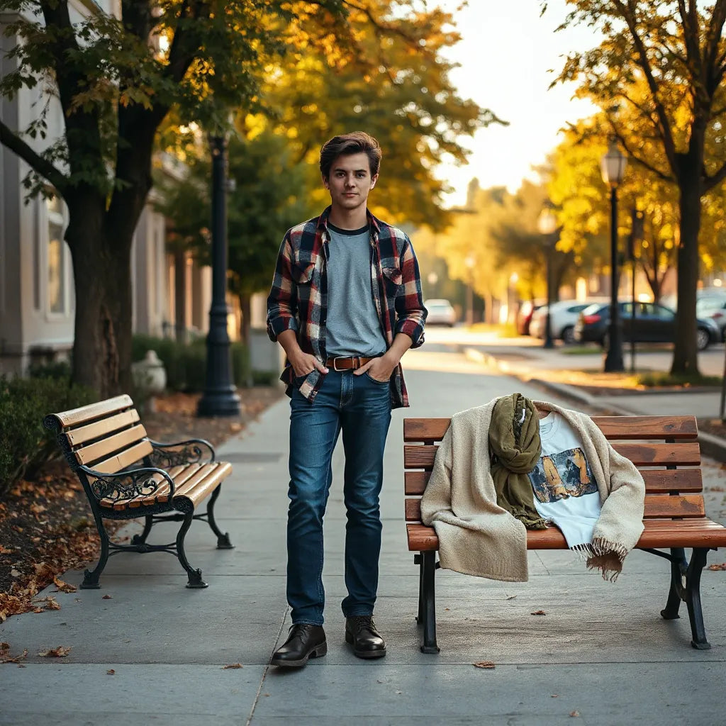 Person styling a fall graphic tee with flannel layering and autumn color accessories outdoors
