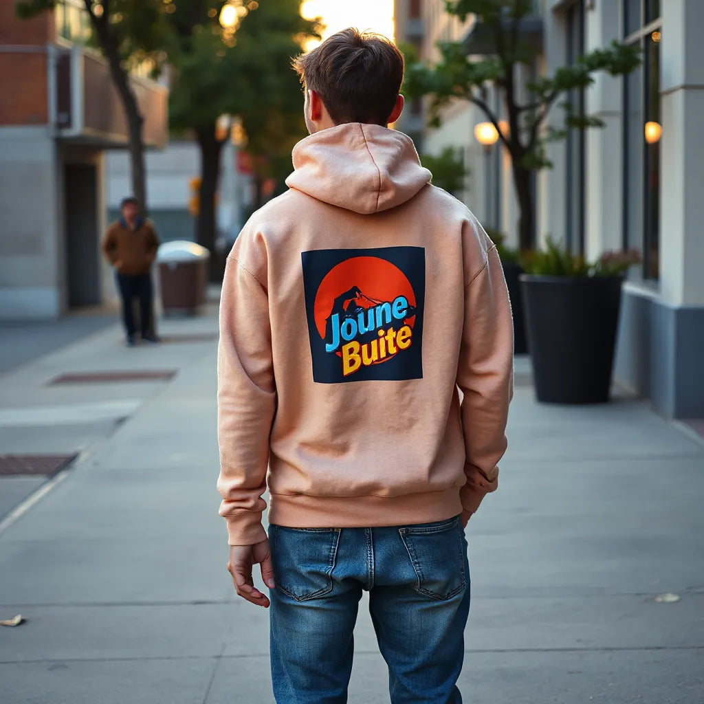 Person wearing a cozy sweatshirt with colorful graphic artwork paired with jeans and sneakers