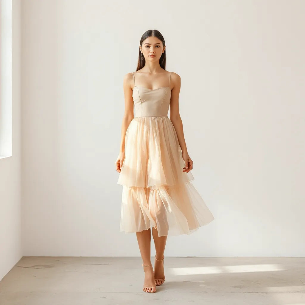 Model in a pastel tulle skirt dress with layered skirt and fitted bodice in soft natural light