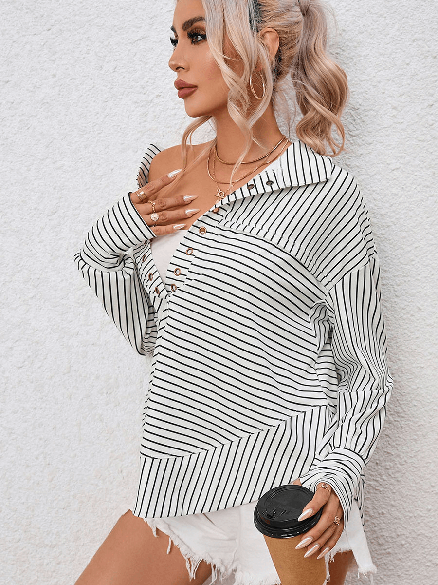 Striped Printed Long Sleeve Top - Ell Soll Fashion