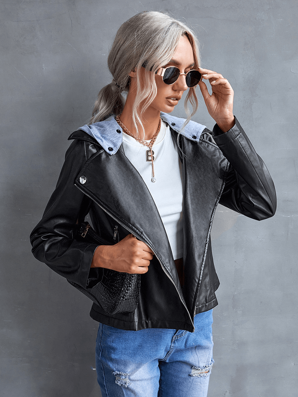 Hoodie PU Jacket - Ell Soll Fashion