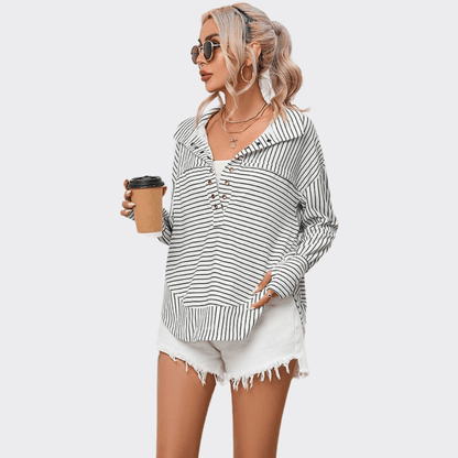 Striped Printed Long Sleeve Top - Ell Soll Fashion