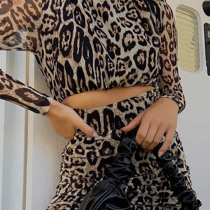 Leopard Long Sleeves-Skirt Set - Ell Soll Fashion