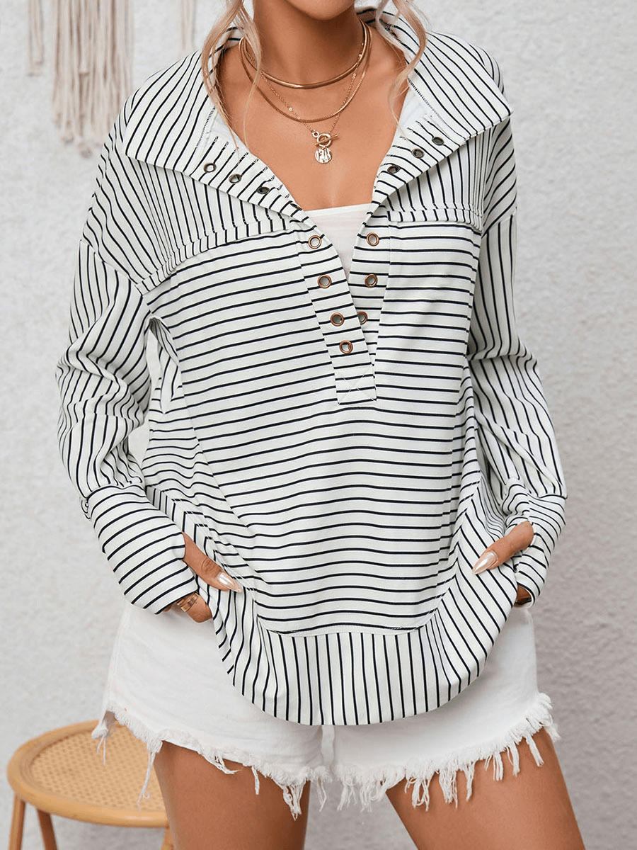 Striped Printed Long Sleeve Top - Ell Soll Fashion