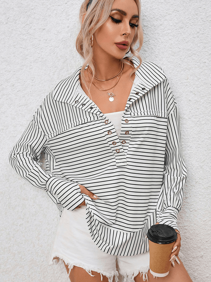 Striped Printed Long Sleeve Top - Ell Soll Fashion