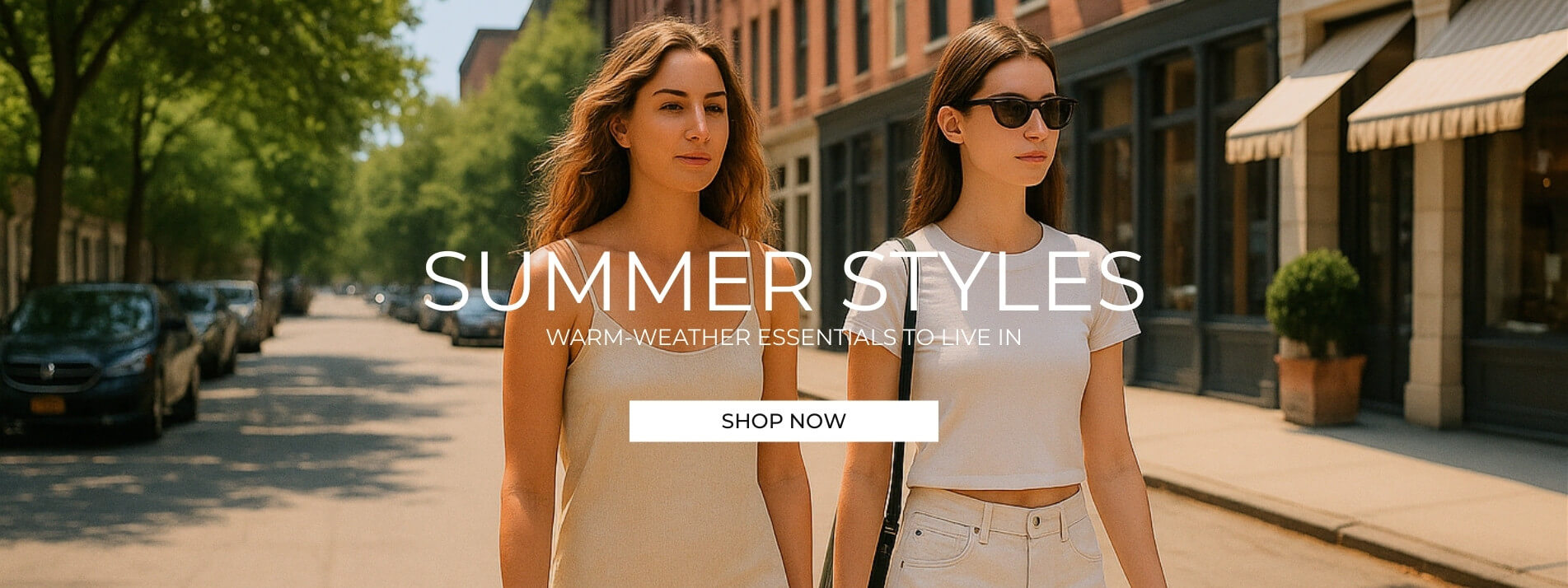 Two women walking on a street with 'Summer Styles' text overlay and 'Shop Now' button.
