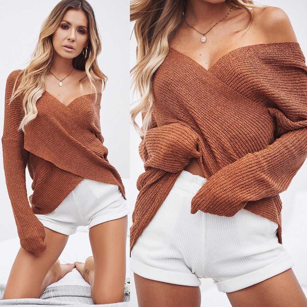 Bat Sleeve cross V - Neck knitted Top - Ell Soll Fashion