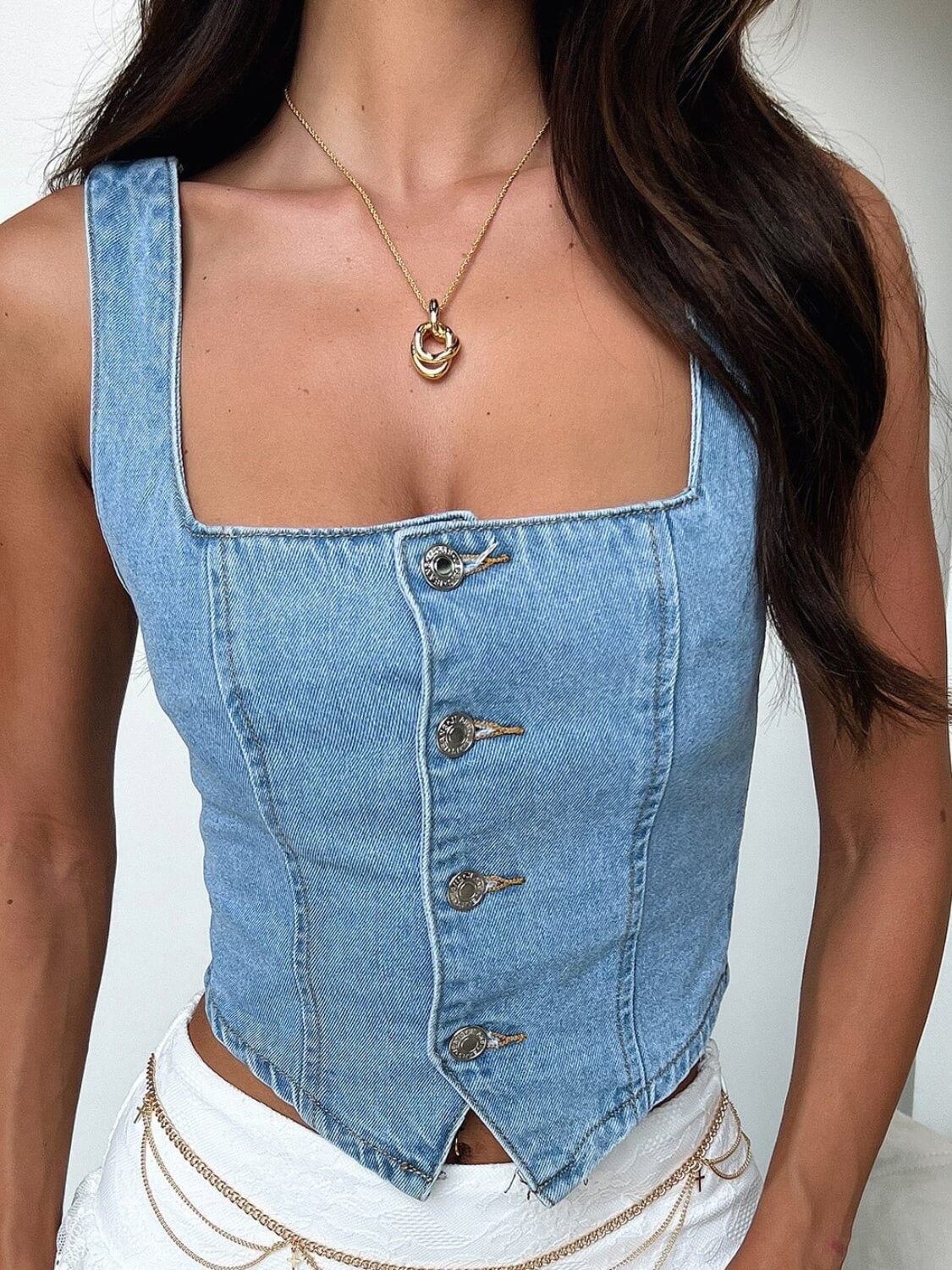 Kai Neck Denim Top - Top - Ell Soll Fashion