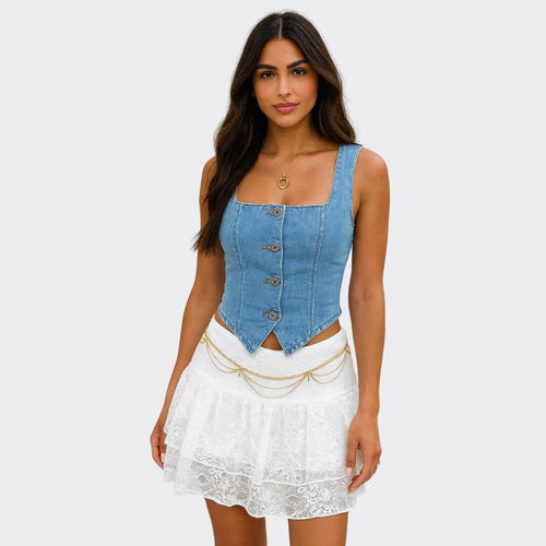 Kai Neck Denim Top - Top - Ell Soll Fashion