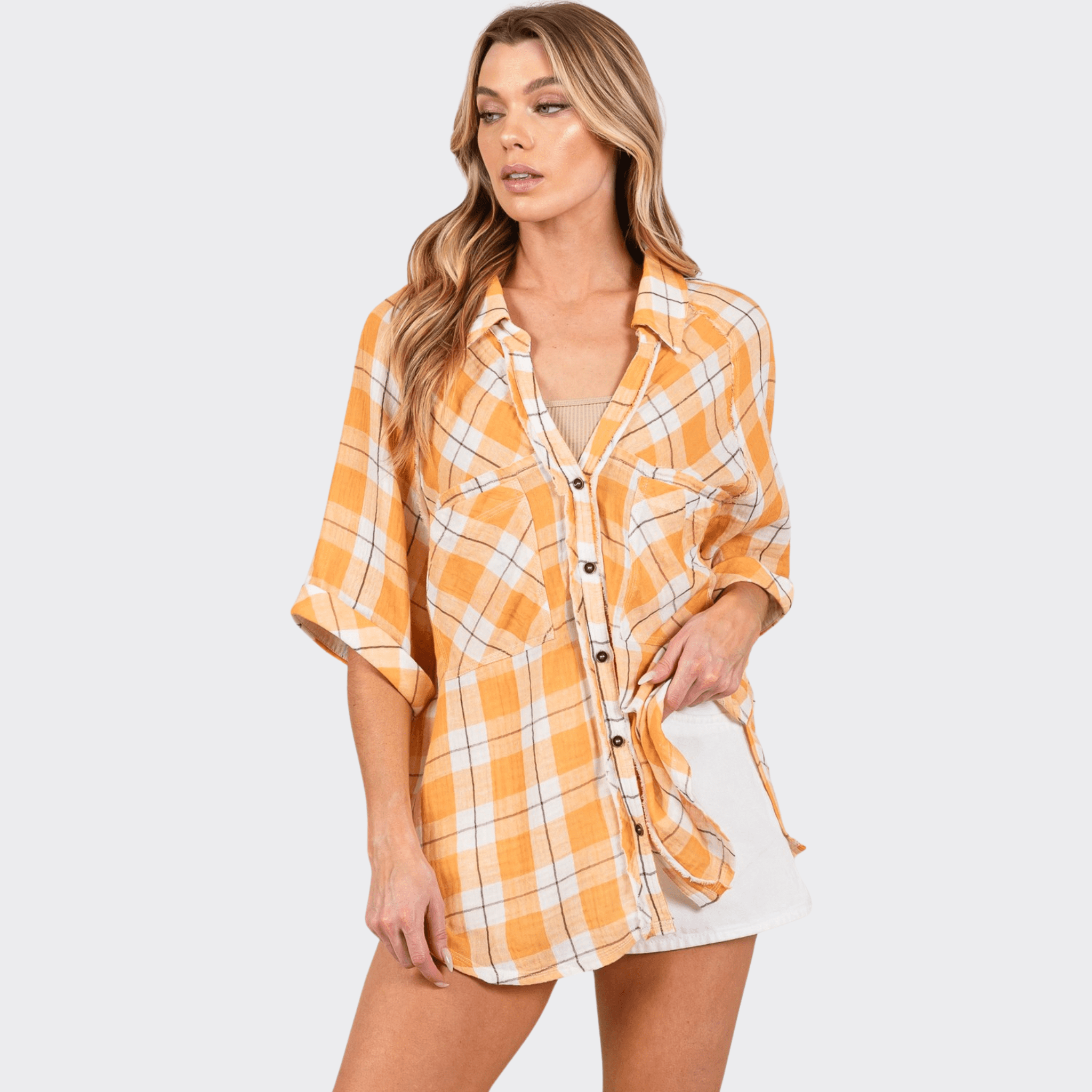 Sally Plaid Slit Shirt - Ell Soll Fashion