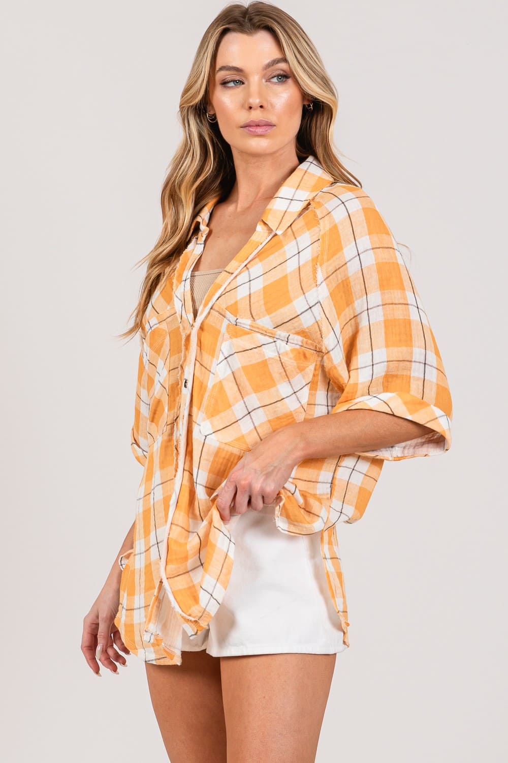 Sally Plaid Slit Shirt - Ell Soll Fashion