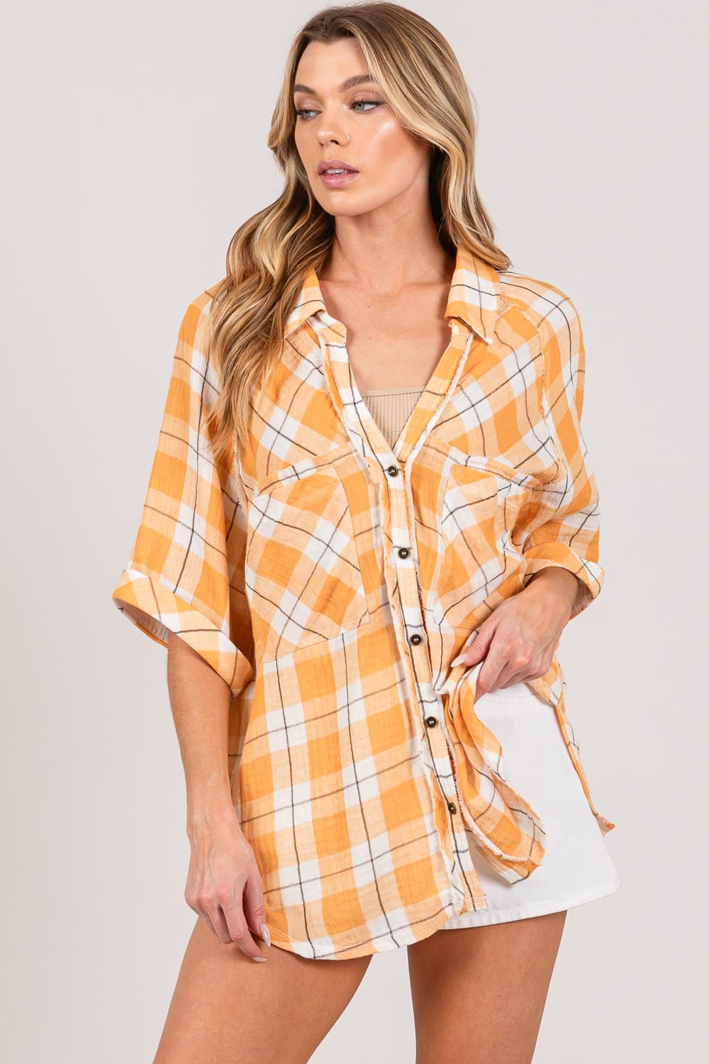 Sally Plaid Slit Shirt - Ell Soll Fashion