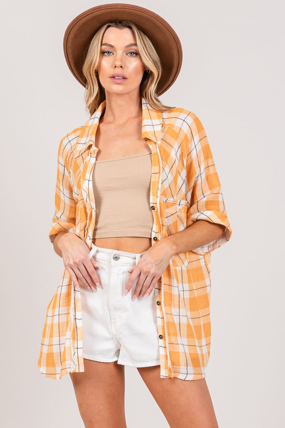 Sally Plaid Slit Shirt - Ell Soll Fashion