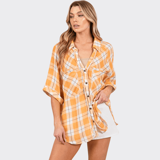 Sally Plaid Slit Shirt - Ell Soll Fashion