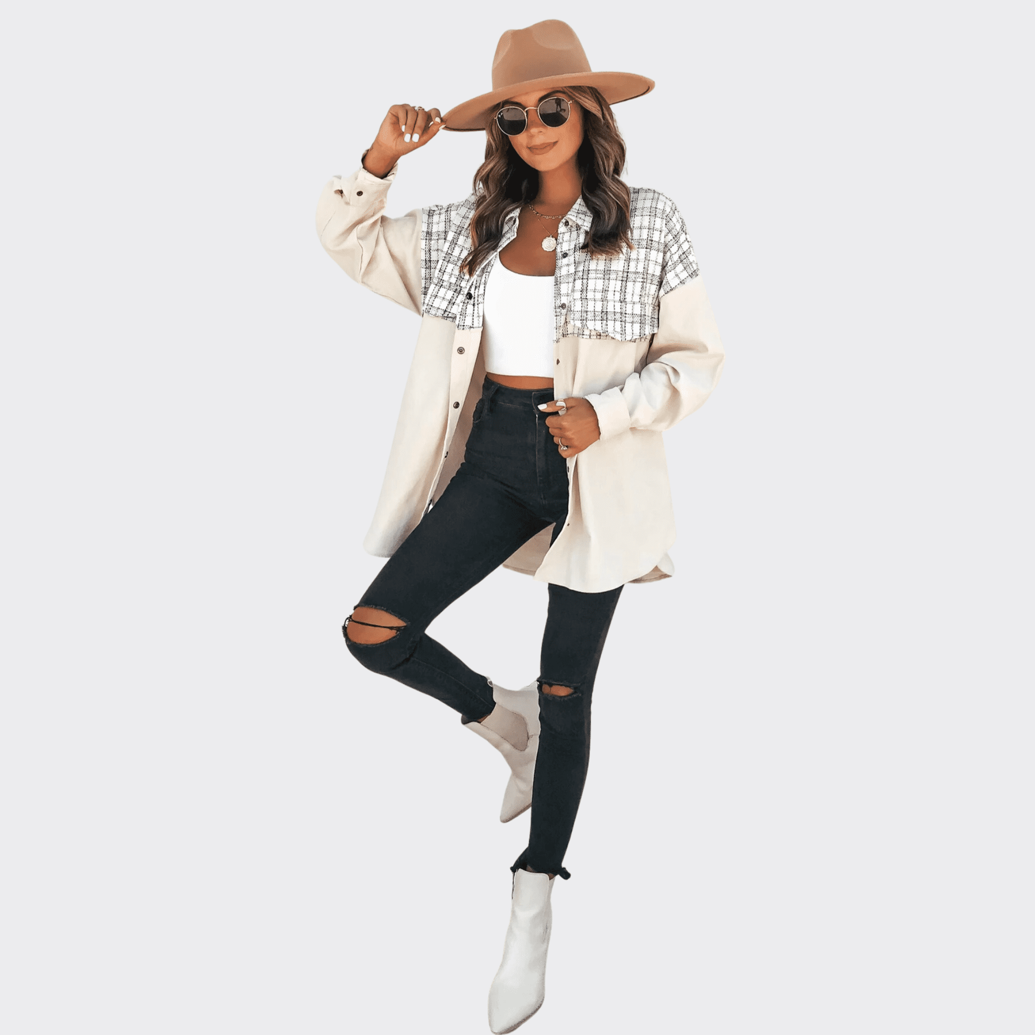 Long Sleeve Pocket Plaid Jacket - Ell Soll