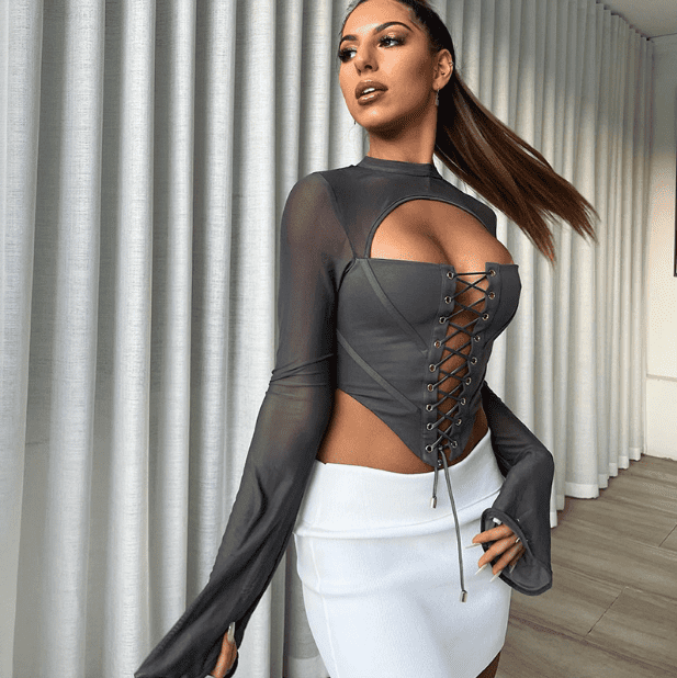 Round Neck Long Sleeve Tied Mesh Shirt - Ell Soll