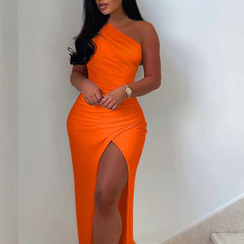 Off-Shoulder Pleated Slit Dress - Ell Soll