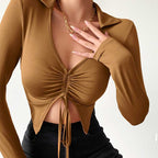 Drawstring V-Neck Shirt - Ell Soll