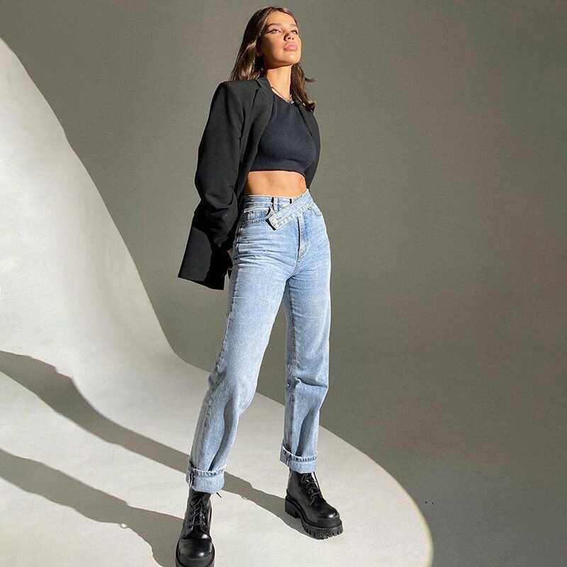 Irregular Belt High Waist Jeans - Ell Soll