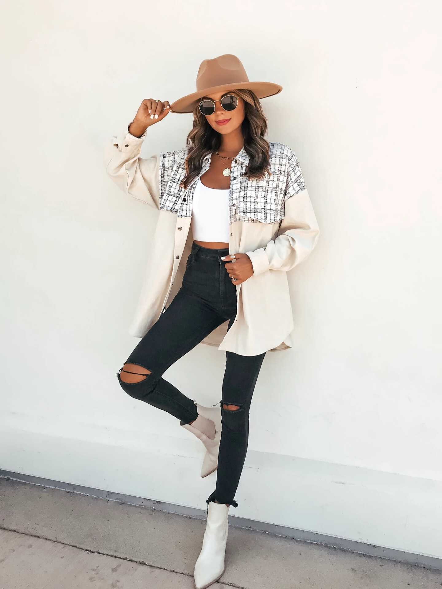 Long Sleeve Pocket Plaid Jacket - Ell Soll