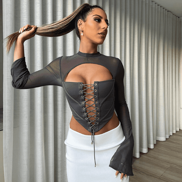 Round Neck Long Sleeve Tied Mesh Shirt - Ell Soll