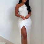 Off-Shoulder Pleated Slit Dress - Ell Soll