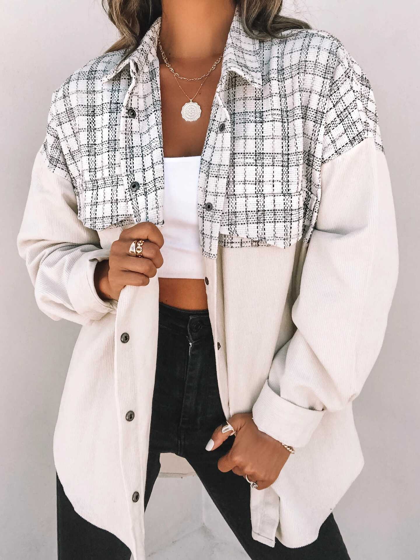Long Sleeve Pocket Plaid Jacket - Ell Soll