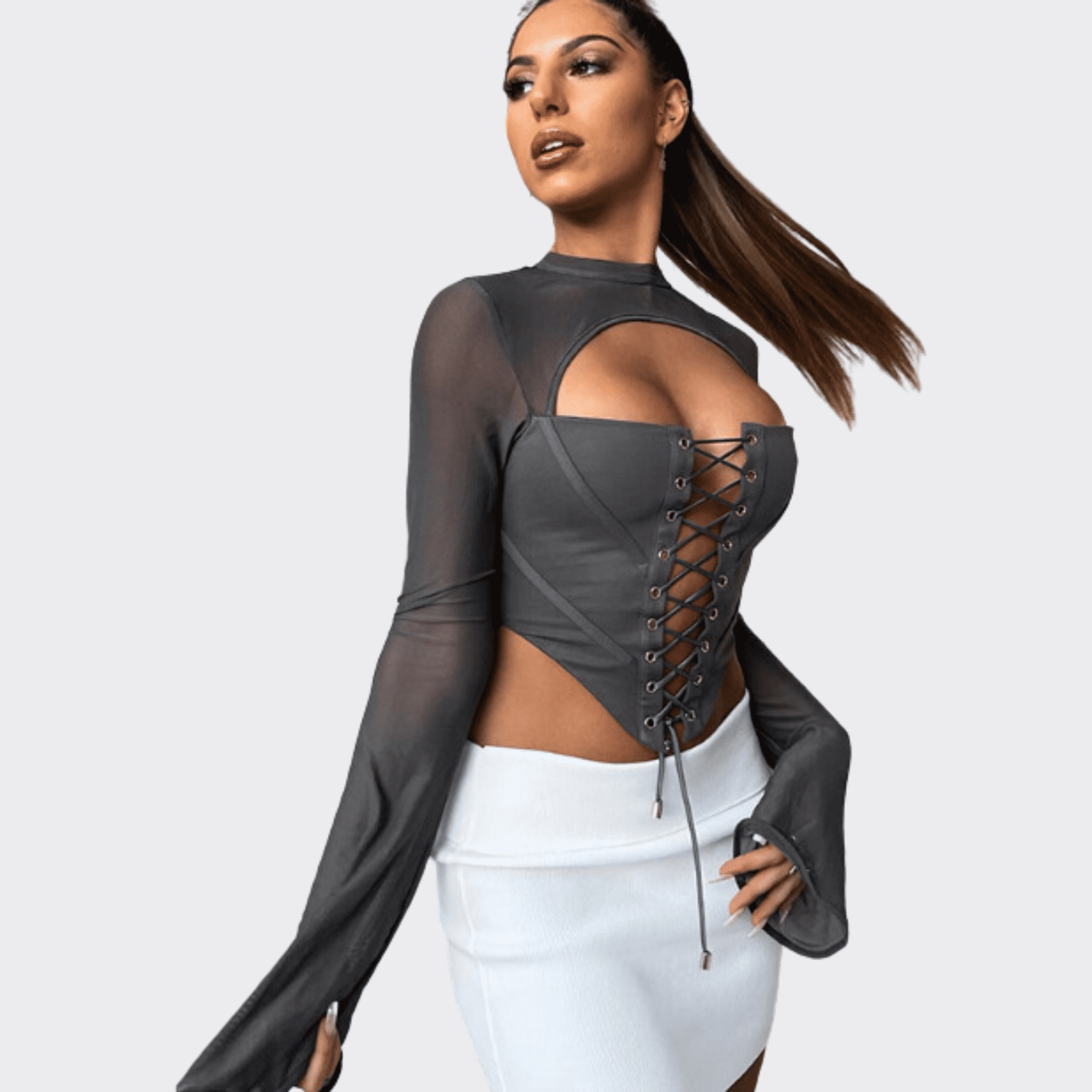 Round Neck Long Sleeve Tied Mesh Shirt - Ell Soll