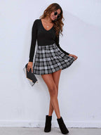 Stitching Plaid Skirt - Ell Soll