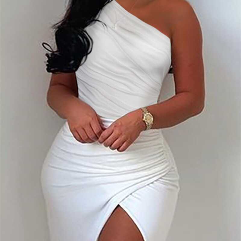 Off-Shoulder Pleated Slit Dress - Ell Soll