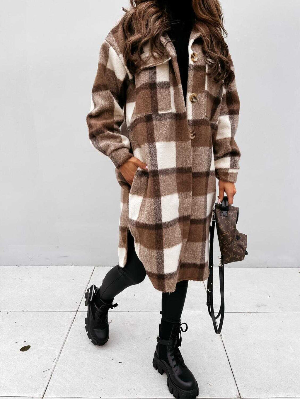 Plaid Woolen Button Trench - Ell Soll