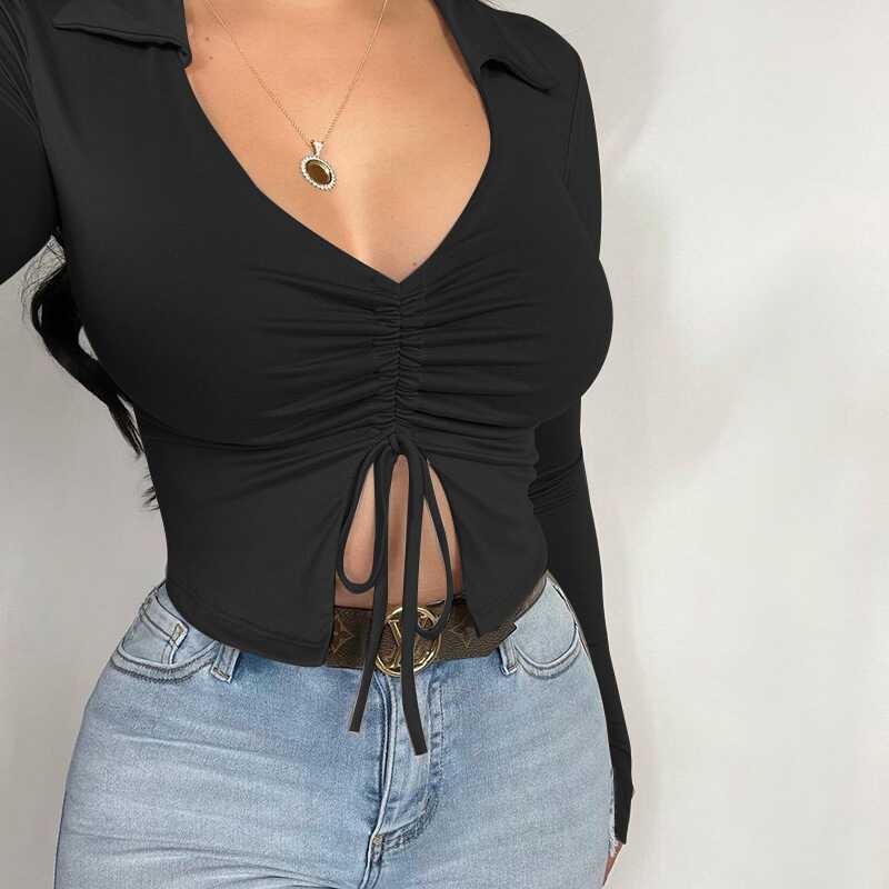 Drawstring V-Neck Shirt - Ell Soll
